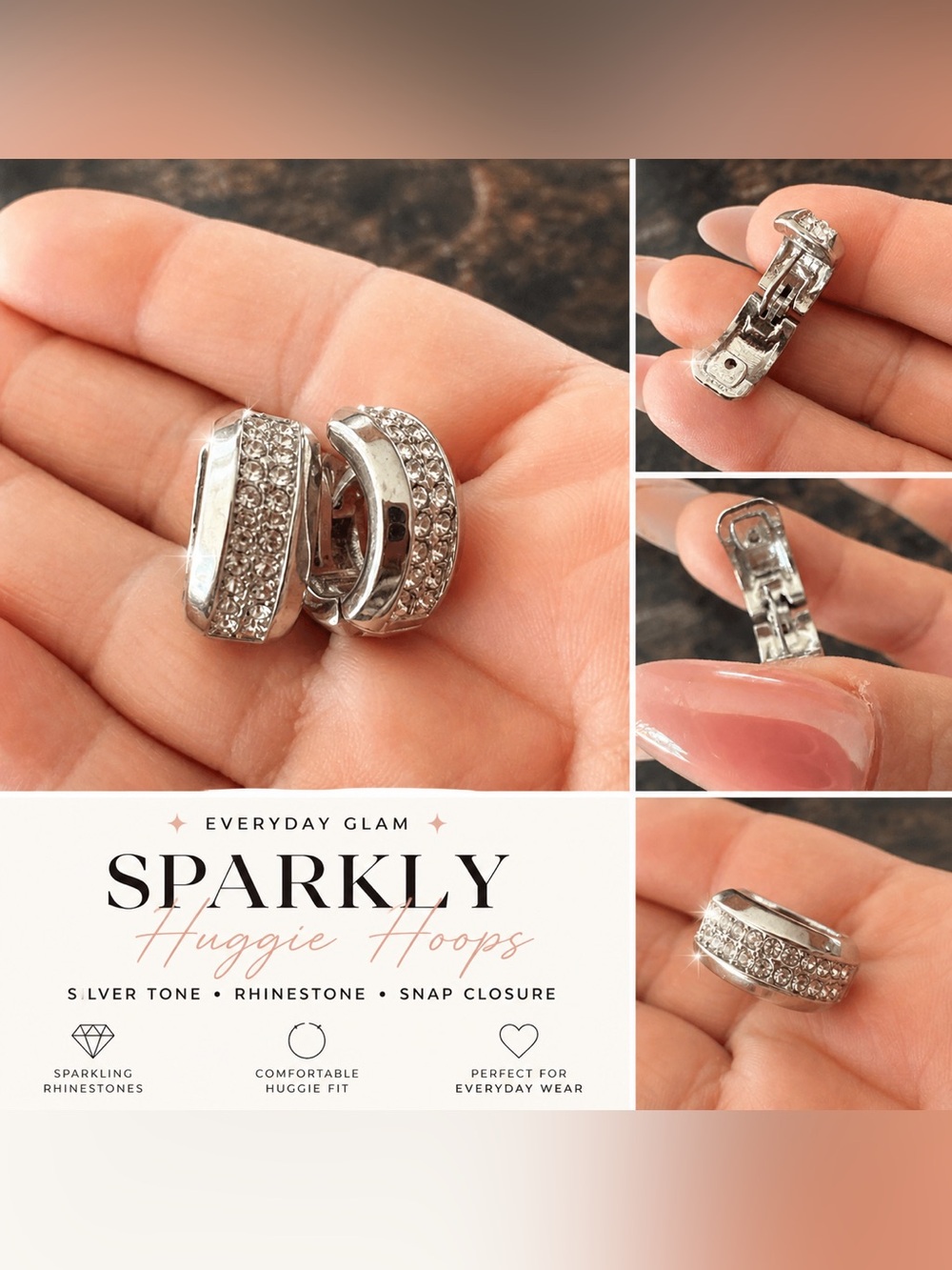 Silver Tone Rhinestone Huggie Hoop Earrings – Sparkly Pavé Mini Hoops